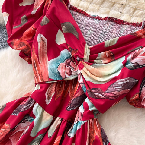 French Style V-neck Floral Printed Dress