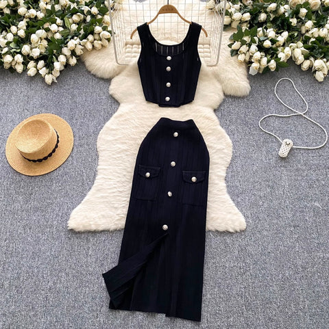 Cardigan Vest & Split Skirt Knit 2Pcs