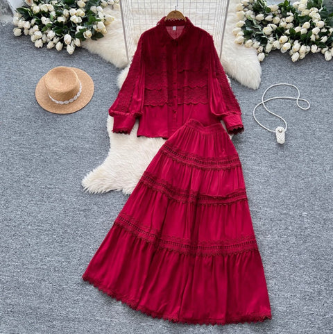 Courtly Hollowed Crochet Shirt & Skirt 2Pcs
