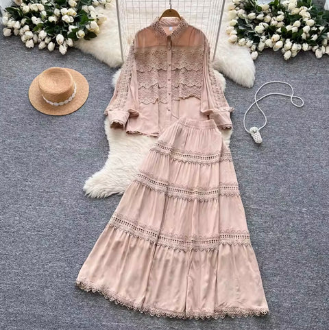 Courtly Hollowed Crochet Shirt & Skirt 2Pcs