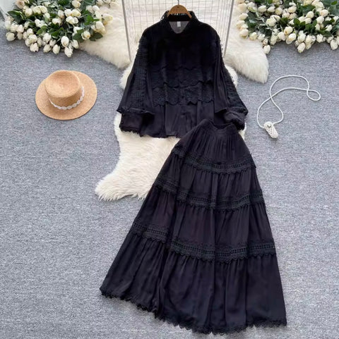 Courtly Hollowed Crochet Shirt & Skirt 2Pcs