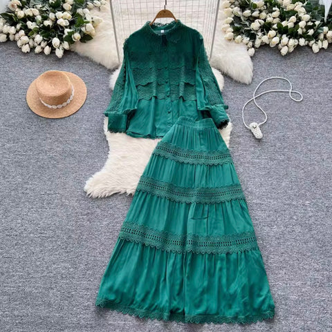 Courtly Hollowed Crochet Shirt & Skirt 2Pcs