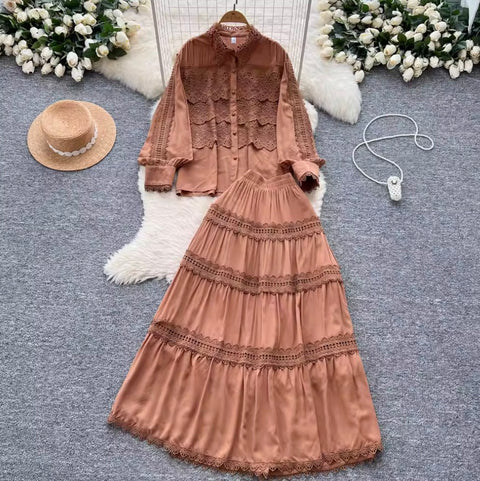 Courtly Hollowed Crochet Shirt & Skirt 2Pcs