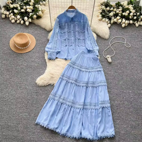 Courtly Hollowed Crochet Shirt & Skirt 2Pcs