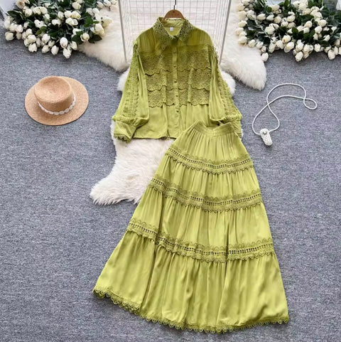 Courtly Hollowed Crochet Shirt & Skirt 2Pcs