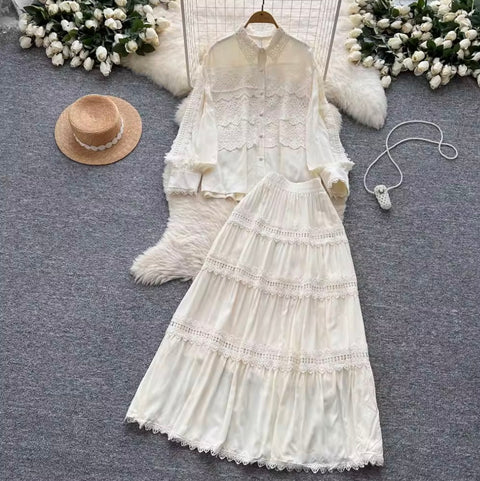 Courtly Hollowed Crochet Shirt & Skirt 2Pcs