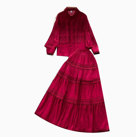 Courtly Hollowed Crochet Shirt & Skirt 2Pcs