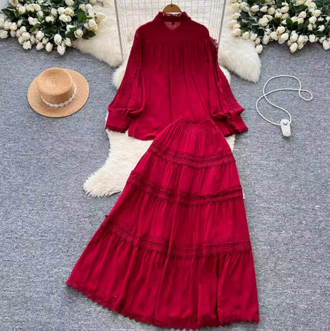 Courtly Hollowed Crochet Shirt & Skirt 2Pcs