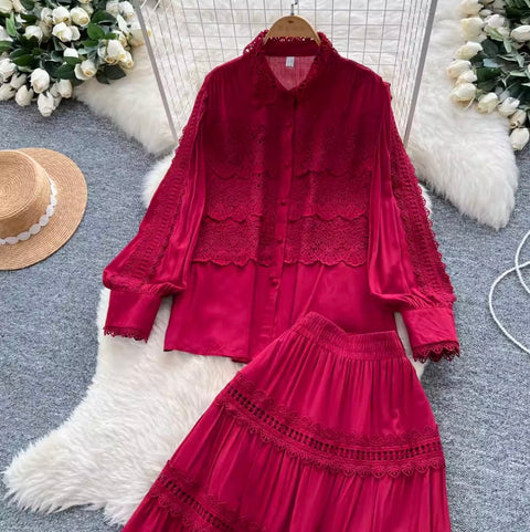 Courtly Hollowed Crochet Shirt & Skirt 2Pcs