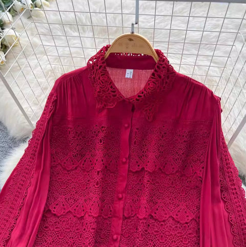 Courtly Hollowed Crochet Shirt & Skirt 2Pcs
