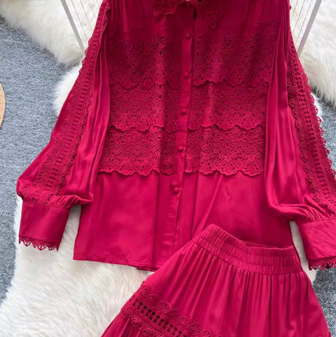 Courtly Hollowed Crochet Shirt & Skirt 2Pcs