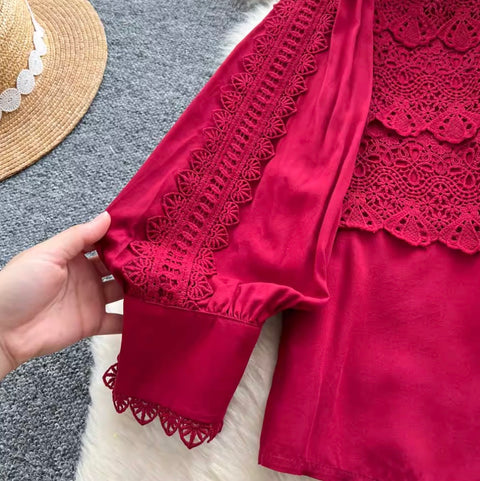Courtly Hollowed Crochet Shirt & Skirt 2Pcs
