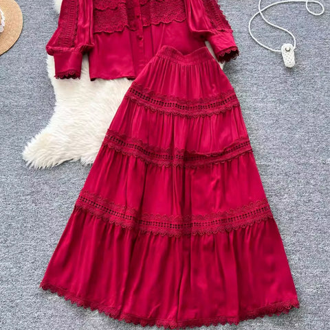 Courtly Hollowed Crochet Shirt & Skirt 2Pcs