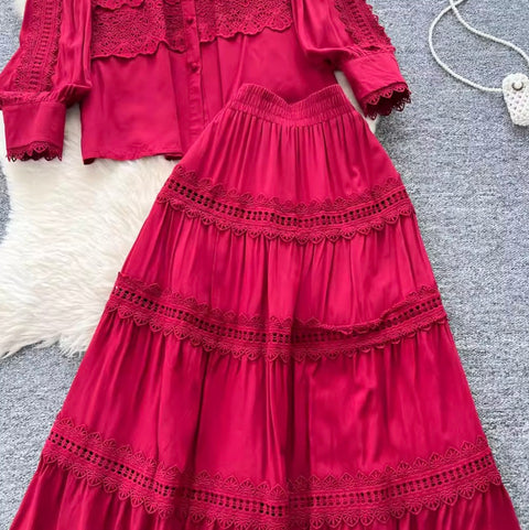 Courtly Hollowed Crochet Shirt & Skirt 2Pcs
