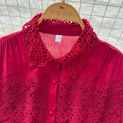 Courtly Hollowed Crochet Shirt & Skirt 2Pcs