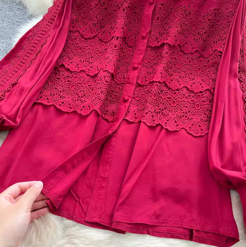Courtly Hollowed Crochet Shirt & Skirt 2Pcs