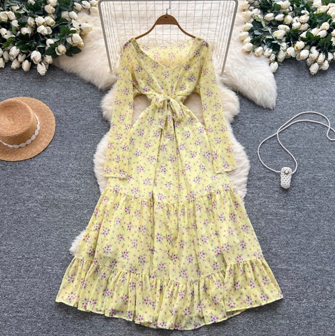 Lace-up Floral Ruffled Chiffon Dress