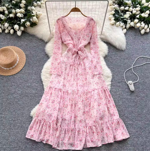 Lace-up Floral Ruffled Chiffon Dress