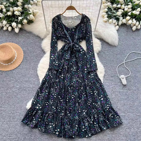 Lace-up Floral Ruffled Chiffon Dress