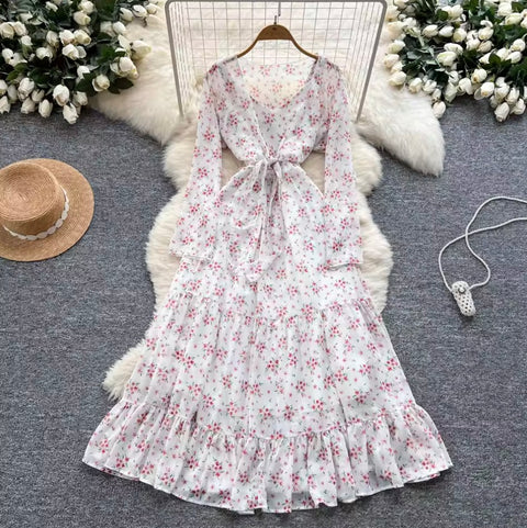 Lace-up Floral Ruffled Chiffon Dress