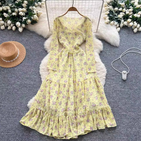 Lace-up Floral Ruffled Chiffon Dress