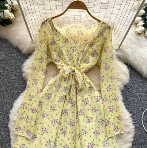 Lace-up Floral Ruffled Chiffon Dress