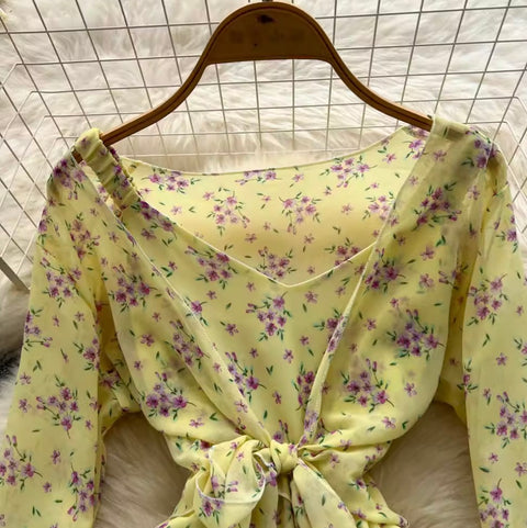 Lace-up Floral Ruffled Chiffon Dress