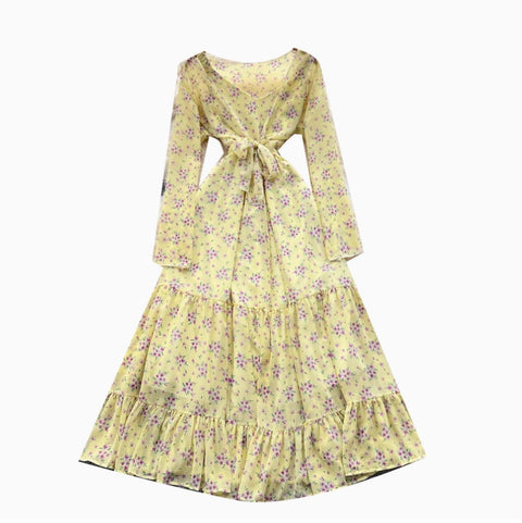 Lace-up Floral Ruffled Chiffon Dress