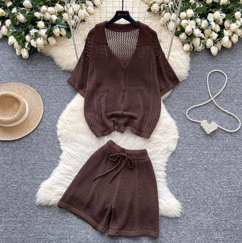 Simple Design Hollowed Cardigan & Shorts 2Pcs