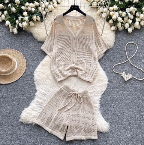 Simple Design Hollowed Cardigan & Shorts 2Pcs
