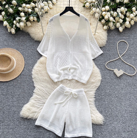 Simple Design Hollowed Cardigan & Shorts 2Pcs