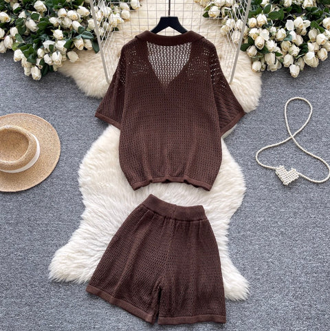 Simple Design Hollowed Cardigan & Shorts 2Pcs