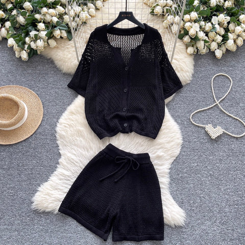 Simple Design Hollowed Cardigan & Shorts 2Pcs
