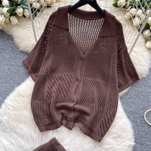 Simple Design Hollowed Cardigan & Shorts 2Pcs