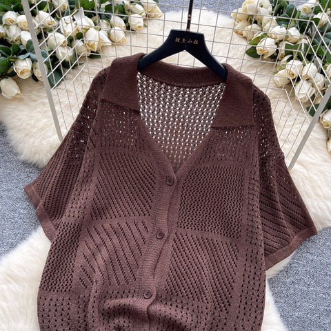Simple Design Hollowed Cardigan & Shorts 2Pcs