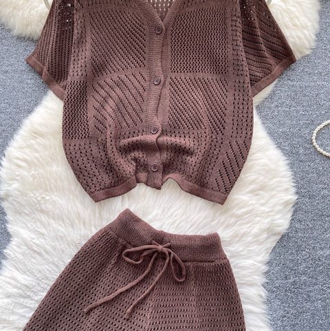 Simple Design Hollowed Cardigan & Shorts 2Pcs