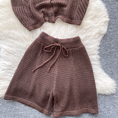 Simple Design Hollowed Cardigan & Shorts 2Pcs