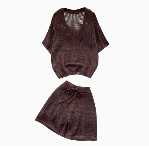 Simple Design Hollowed Cardigan & Shorts 2Pcs