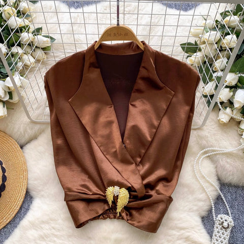 Suit Collar Midriff-baring Satin Vest