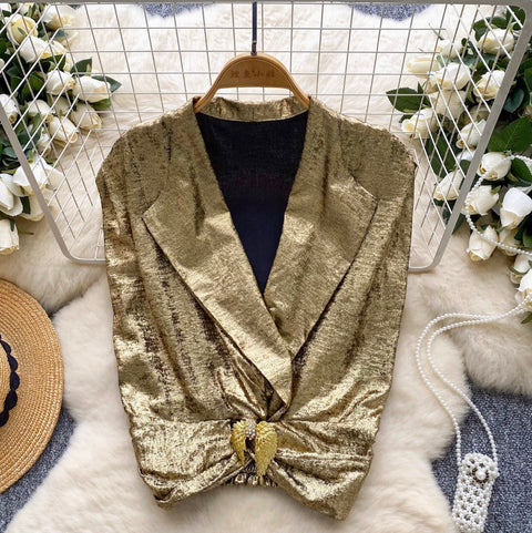 Suit Collar Midriff-baring Satin Vest