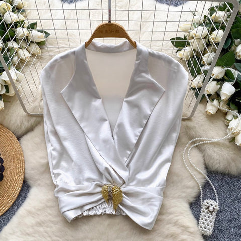 Suit Collar Midriff-baring Satin Vest