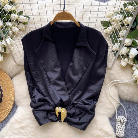 Suit Collar Midriff-baring Satin Vest