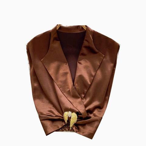 Suit Collar Midriff-baring Satin Vest