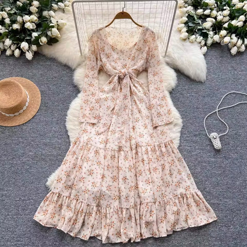 Lace-up Floral Ruffled Chiffon Dress