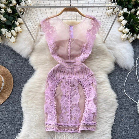 Premium Pink Delicate Embroidered Mesh Dress