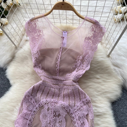Premium Pink Delicate Embroidered Mesh Dress