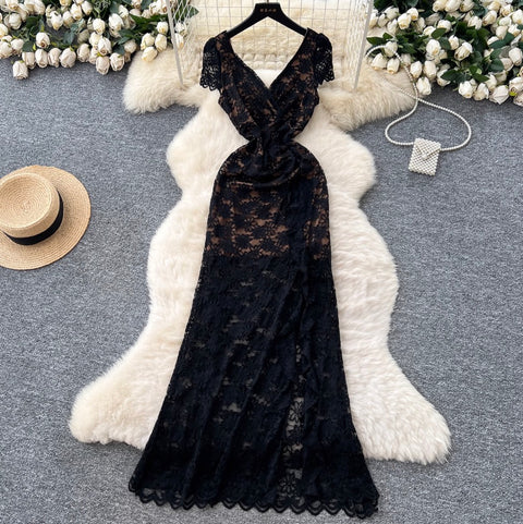 Cross V-neck Embroidered Lace Dress