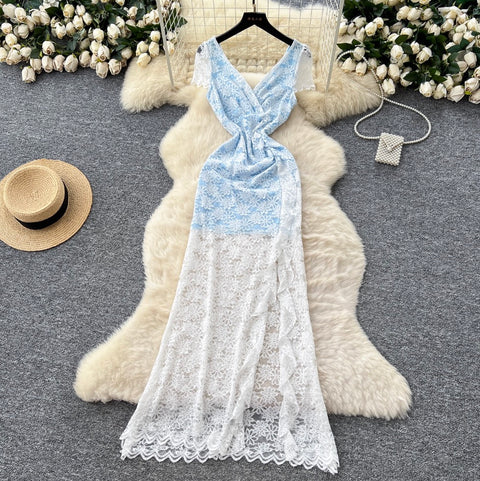 Cross V-neck Embroidered Lace Dress