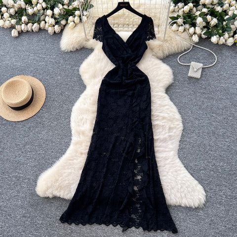 Cross V-neck Embroidered Lace Dress