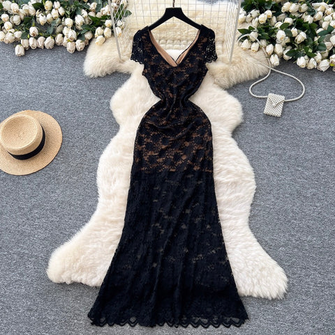 Cross V-neck Embroidered Lace Dress